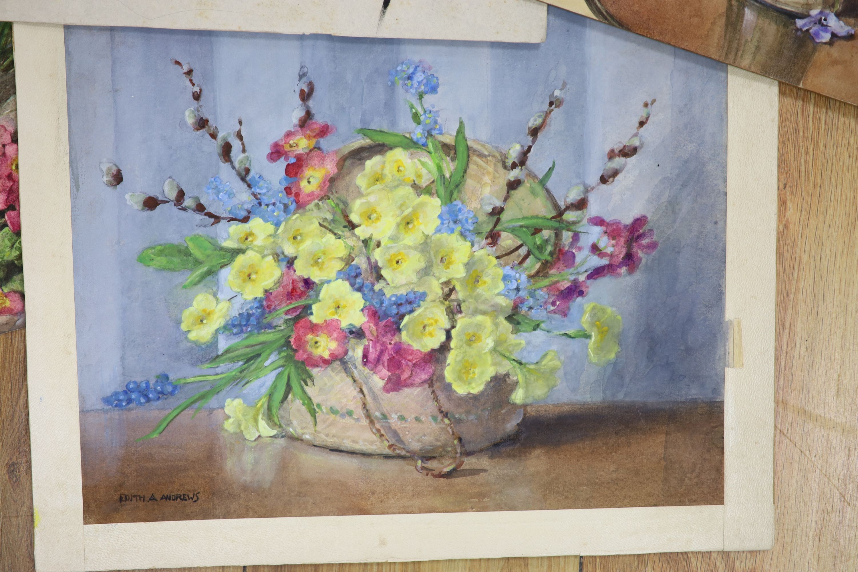 Edith Alice Andrews (1873-1962), watercolour, study of a rock garden with Spring flowers and three still life studies of flowers